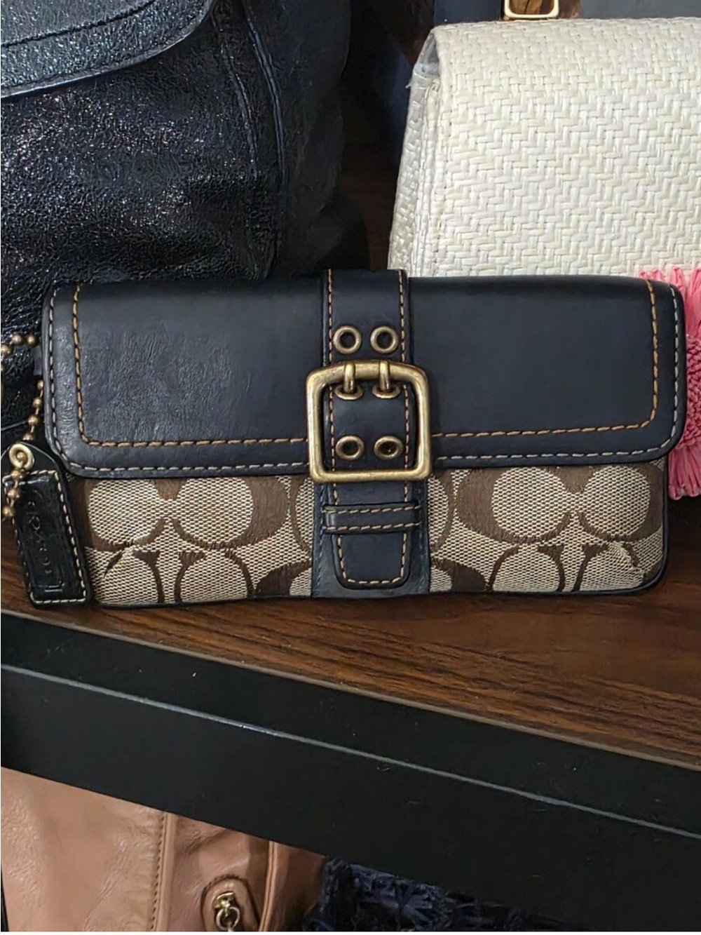 Coach Classic Tan Signature Canvas and Black Leather Wristlet with Gold Buckle